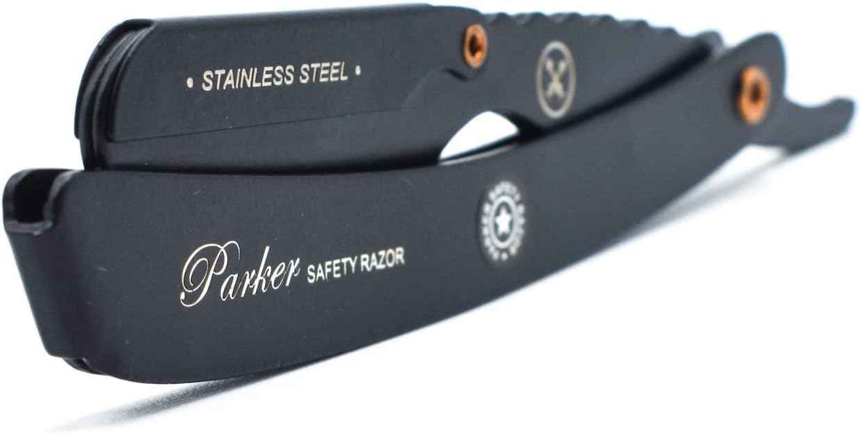 Parker SRXBLK Professional Stainless Steel Clip‑Style Barber Razor – Heavy‑Duty Black Finish with 5 Refill Blades, Ergonomic Weight for Barbers & Straight Razor Shaving Enthusiasts