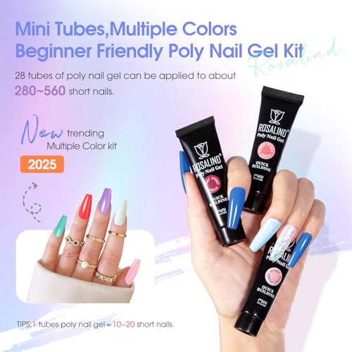 ROSALIND 28 Colors Poly Nail Gel Kit with Mini Lamp Clear Neon Christmas Poly Nail Gel Starter Kit for Beginners Halloween All Seasons Classic Colors with Everything