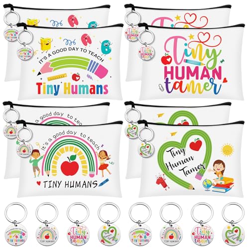 Kacctyen 16 Pcs Tiny Humans Teacher Appreciation Gifts Include Makeup Cosmetic Bag Keychain It's a Good Day to Teach Tiny Human Survival Kit for Babysitter Daycare Preschool Kindergarten Teacher