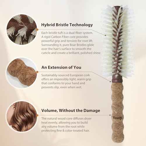 Professional Hybrid Boar Bristle Round Brush (2.75") | Boar & Nylon for Enhanced Tension, Luminous Shine & Volume | Ergonomic Cork Handle for Medium to Long Hair