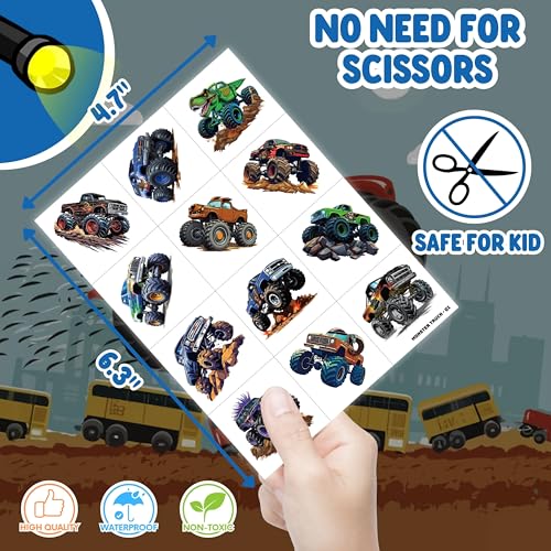 Monster Truck Party Favors Set - 72 PCS LED Lights & Tattoos