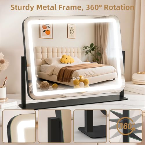 GioeDa Lighted Makeup Vanity Mirror 22x17 with 10X Magnification, Dimmable Color Lighting, Touch Control, 360° Rotation, Black