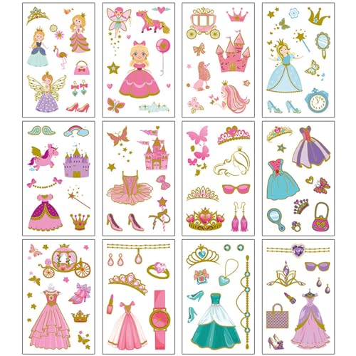 Temporary Tattoos, Waterproof Fake Tattoos Body Art for Kids and Adults, Party Favors and Events, 12-Sheet Pink Princess Dresses Designs