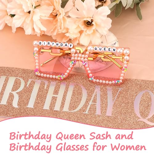 Rose Gold Birthday Queen Sash & Glasses Set