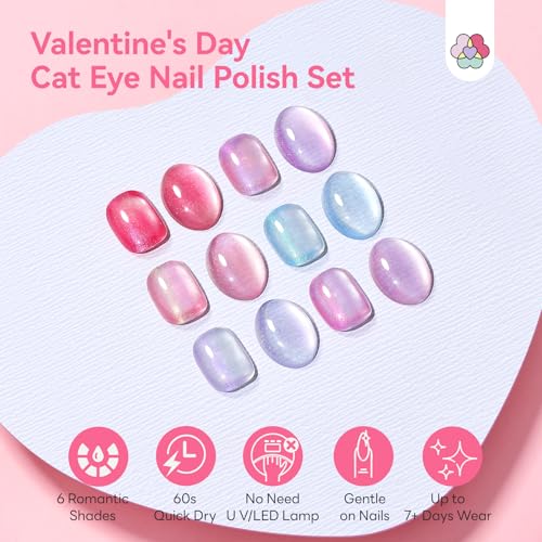 SAVILAND Valentine Magnetic Nail Polish Set 6 Romantic Pink & Lilac Colors, 0.34 Fl oz Each, Cat Eye Effect, Quick Dry, Long Lasting