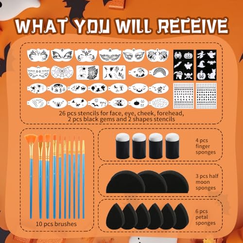63 pcs Halloween Face Painting Stencils Kit, 38 pcs Reusable Face Body Paint Stencils Templates, 10 Brushes, 13 pcs Sponges, 2 Black Gems for Halloween Makeup Depvision Face Paint Accessory Kit