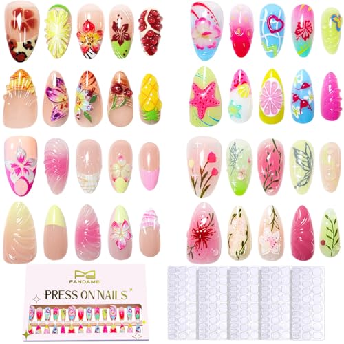 FANDAMEI Press on Nails, 4 Styles 120PCS 3D Flower Press on Nails Short Almond Fake Nails, Medium Almond 3D False Nails, Flower Butterfly Spring Summer Nails for Women