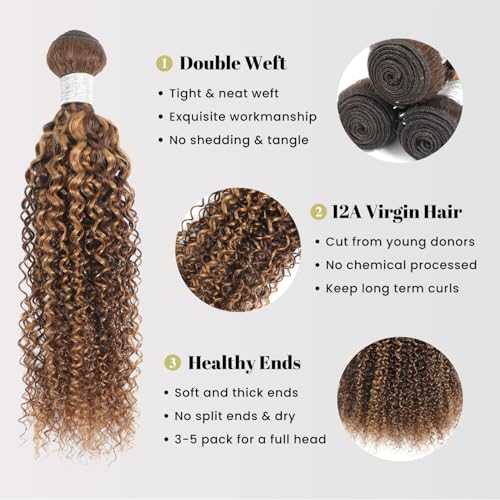 Honey Blonde Highlight Tight Kinky Curly Human Hair Single Bundles, 12A Brazilian Curly Weave Bundles Human Hair 100% Virgin Remy Bundle Ombre #P4/27 Colored Kinky Curly Thick Tracks Sew in 16In