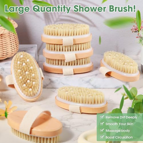 Gejoy 10 Pcs Dry Brushing Body Brush for Lymphatic Drainage Exfoliating Brush with Massage Nodule Dry Skin Body Scrubber Cellulite Shower Circulation Dead Exfoliator (4.92 x 2.56 Inches,Wood Color)