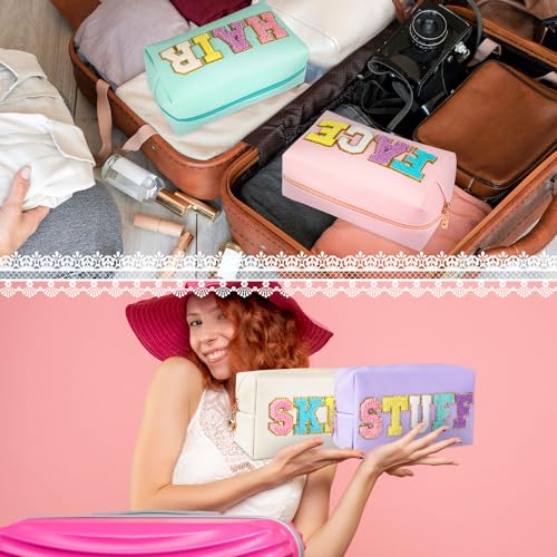 ZAUGONTW 4Pcs Large Cosmetic Bag Preppy Makeup Bag Chenille Letter, PU Leather Waterproof Travel Organizer Hair Bags with Nylon Zipper Patches Makeup Organizer Bags Set for Women Girls