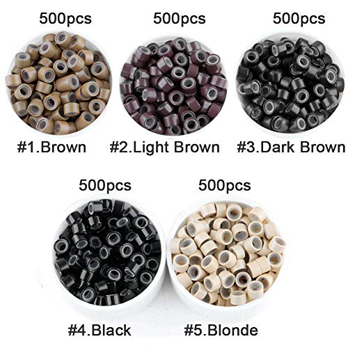 2500pcs Hair Extentions Micro Rings Links Beads, 5mm Silicone Lined Beads for Human Hair Extensions Tool-Multi-colored