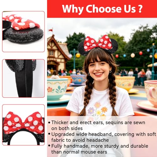 UNSPAZ Red White Dot Sequin Mouse Ears Headband for Women Girls Boys - Cosplay & Party Accessories