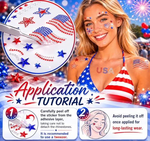 4th of July Face Gems Stickers, Self-Adhesive Rhinestones