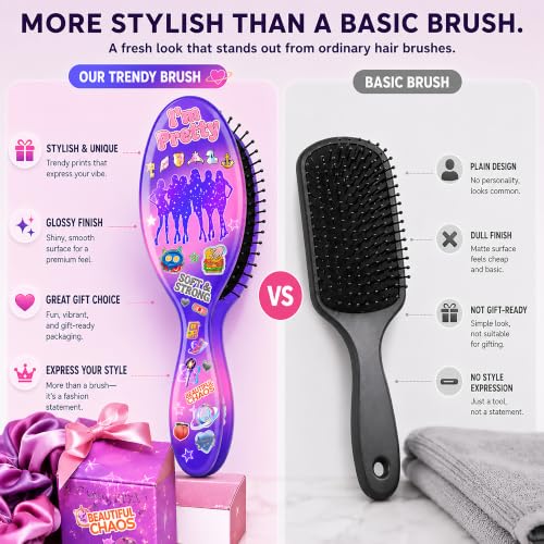 Purple Paddle Hair Brush Gift Set with Satin Scrunchies for Girls