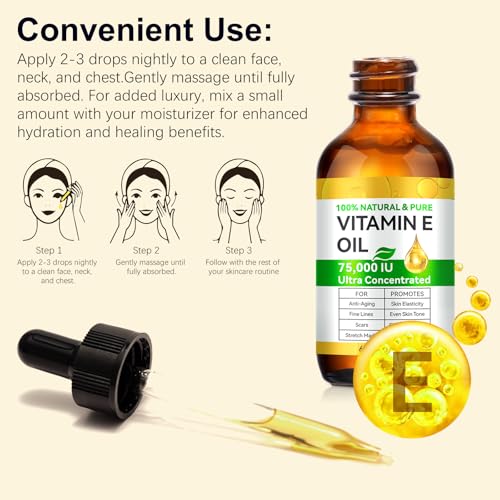 Vitamin E Oil 75,000 IU - Pure & Natural Skin & Hair Care - Moisturizing for Face, Body, Sars and Scalp 4 Fl Oz