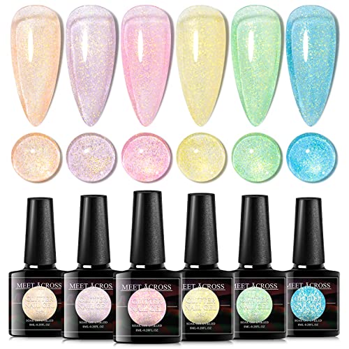 MEET ACROSS Jelly Pink Color Changing Gel Nail Polish Translucent Nude Pink Mood Temperature Change Gel Polish Set White Pink Red Purple Amber Gold Foil Transparent Crystal Gel Nail Polish