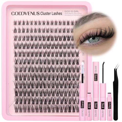 Goddvenus G-Wispy Natural Clusters Lash Extension Kit - Waterproof 192pcs DIY Eyelash Clusters with Glue & Tweezers