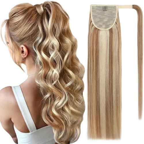 Ponytail Extensions Human Hair Long Ponytail Hair Extensions with Magic Paste Wrap Around Clip in Ponytail Extensions Real Human Hair,14inch #12P613 Golden Brown mixed Bleach Blonde,80g