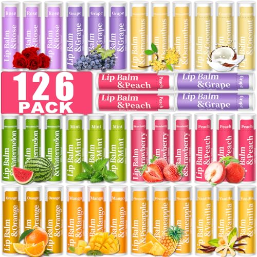 RBUGR 126 Pcs Lip Balm Bulk, 12 Flavored Pack of Lip Balms Natural Lip Balm Pack Moisturising Organic Lip Balm Set for Cracked Lips, Bulk Gifts Stocking Stuffers Party Favors(4.2g/0.15oz)