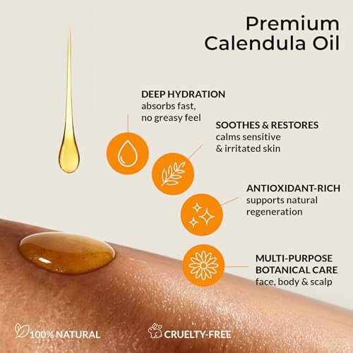 Organic Calendula Oil For Sensitive Skin -Bulk 32 Fl Oz- USDA Organic Certified 100% All Natural Plant Based, Lightweight & Unscented Gentle Soothing Oil For Sensitive Skin - For Face, Skin & All Over
