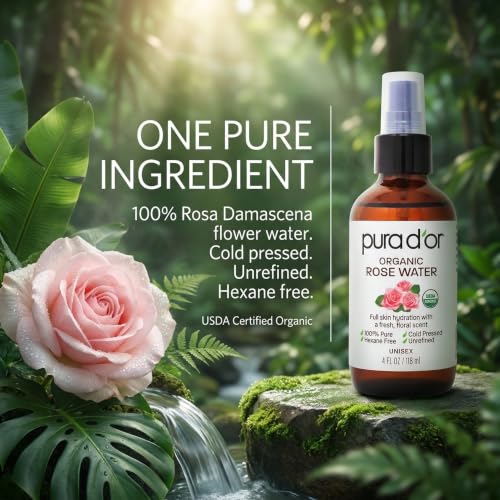 PURA D'OR Organic Rose Water Toner 4 oz | Hydrating Facial Spray