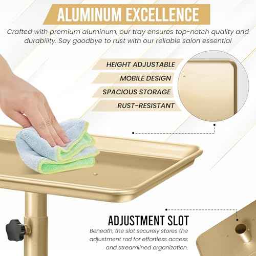 JayGlobal Gold Salon Tray On Wheels, Premium Aluminum Rolling Tattoo Tray, Height Adjustable Tattoo Cart Trolley for Hairstylist Salon, Spa & Clinic