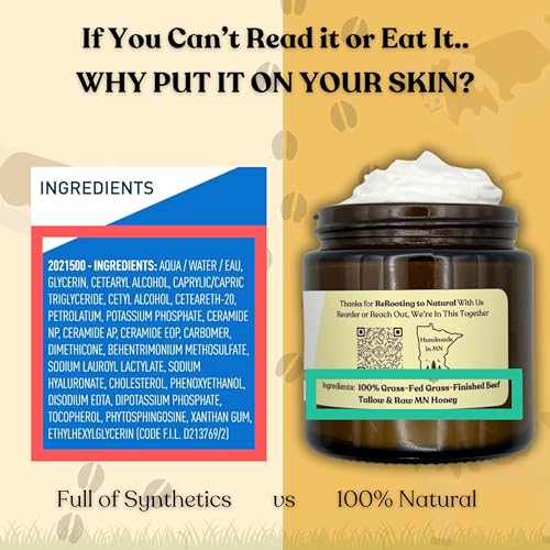 Beef Tallow Balm for Skin -2 Ingredients- Grass-Fed Grass-Finished Beef Tallow & Raw Honey for Skin - Unscented Beef Tallow Honey Balm for Face & Body - Sensitive Dry Skin Eczema Psoriasis Rosacea