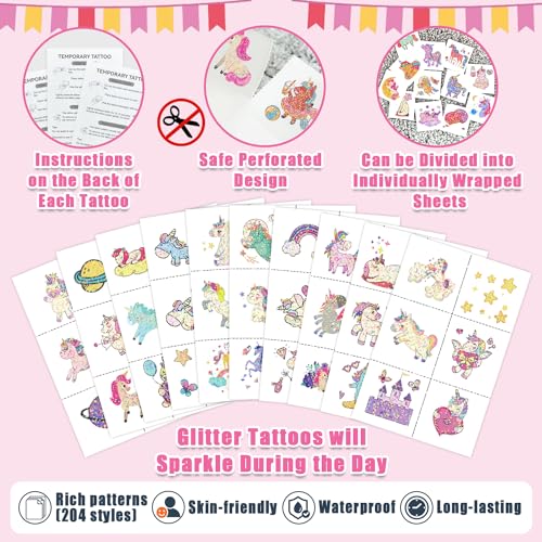 Partywind 204 Glitter Temporary Tattoos for Kids, 34 Sheets