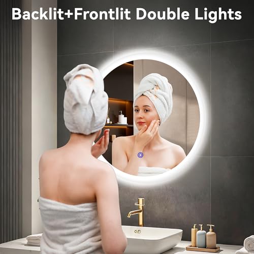 Aurogsky 20” x 20” LED Bathroom Smart Mirror, Round Backlit Vanity with Three Color Temperatures & Memory Function