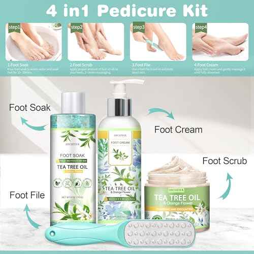 LUCOTIYA Tea Tree & Orange Flower Foot Soak Set - Salts, Foot File, Scrub & Urea Cream Pedicure Supplies for Dry, Cracked Feet - Foot Spa Pedicure Kit for Women Men