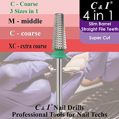 C & I Nail Drill Bit 4 in 1 Super Cut E-File, Multi-function plus Upgrade File-Teeth, Slim Barrel & Straight Cut, for Manicure Drill Machine, Help Nail Tech to Remove Nail Works (Coarse-C)