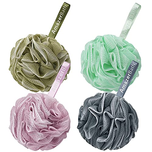 AmazerBath Loofah Sponge 75g/Piece, Exfoliating Bath Sponge Body Scrubber, Large Loofa Set of 4 - White Grey-Pink-Army Green-Green