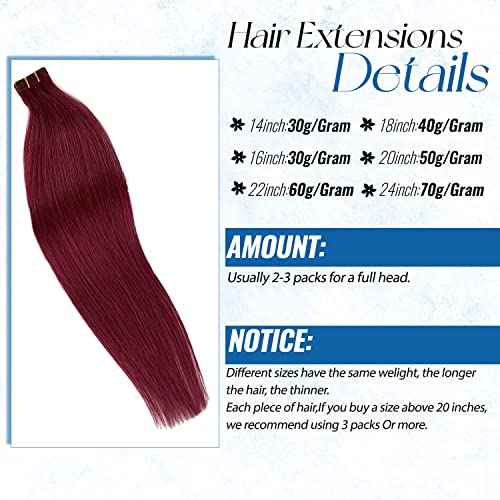 Real Hair Extensions Tape in Human Hair Extensions Burgundy Colored Hair Extensions Tape ins 20 Pieces Seamless Invisible Hair Extensions 22 inch Double Sided Tape in Remy Hair 60g for Women