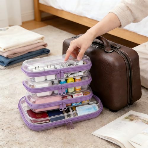 4Pcs/3S+1M Clear Hard Shell Zippered Travel Case ? Plastic Organizer Pouch for Toiletries, Cosmetic Bag, Diaper Bag & Packing Accessories (Purple, Set B)
