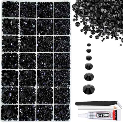 22000pcs Black Rhinestones for Bedazzling Kit, 2mm 3mm 4mm 5mm 6mm Flatback Black Gems Bedazzling for Crafting, Non-Hotfix SS8-SS30 Gems Bedazzler with B7000 for DIY Nails Decoration