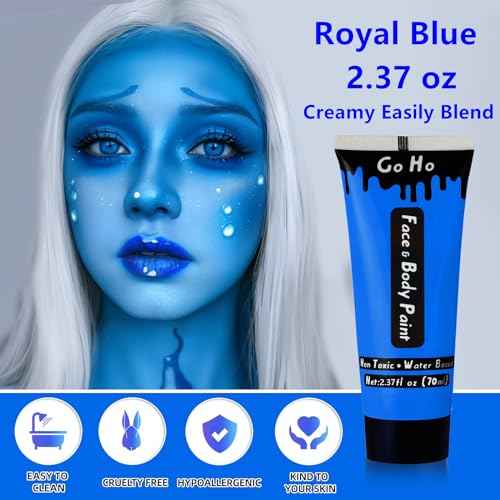 Go Ho Royal Blue Face Body Paint Washable(2.37oz/pc),Water Based Cream Blue Face Paint,Smurf Mystique Avatar Clown Makeup,Blue Body Paint for SFX Cosplay Costumes Festivals Halloween Makeup