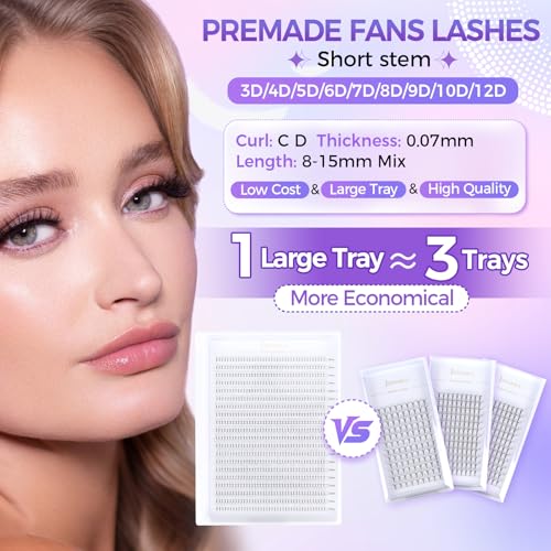 Premade 3D Lash Fans 800 Pack, 0.07mm Short Stem, 8-15mm Mix