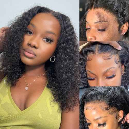 13x4 Deep Wave Lace Front Wigs Human Hair Pre Plucked 180% Density 9A Glueless Wigs Human Hair Wet and Wavy Wigs for Women HD Transparent Deep Curly Lace Front Wigs Human Hair 10 Inch