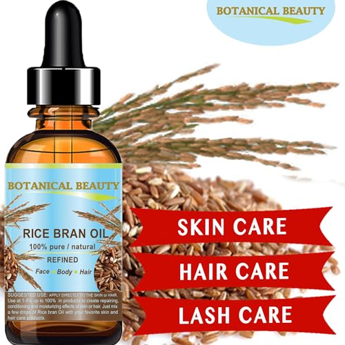 Botanical Beauty RICE BRAN OIL 100% Pure Natural Refined Undiluted Cold Pressed Carrier Oil for Face, Skin, Body, Hair, Massage, Nails. (4 Fl Oz)