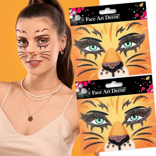QDTK Lion Face Stickers Glitter Lion Face Gems Face Jewels Self-Adhesive Animals Temporary Tattoos Stickers for Face Eyes Halloween Cosplay Party Makeup Supplies 2Pcs