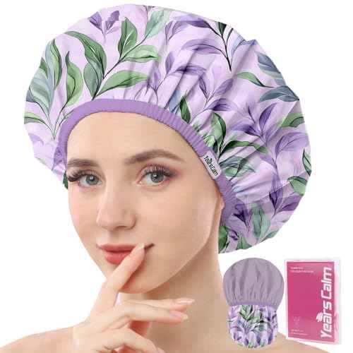 Years calm Shower Caps for Women Reusable Waterproof ? Double Layer Elastic Cap with Tropical Botanical Print Shower Cap for Shower, Spa, Travel, Bath & Daily Hair Protection
