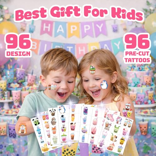 96 Boba Bubble Tea Temporary Tattoos for Kids - Party Favors