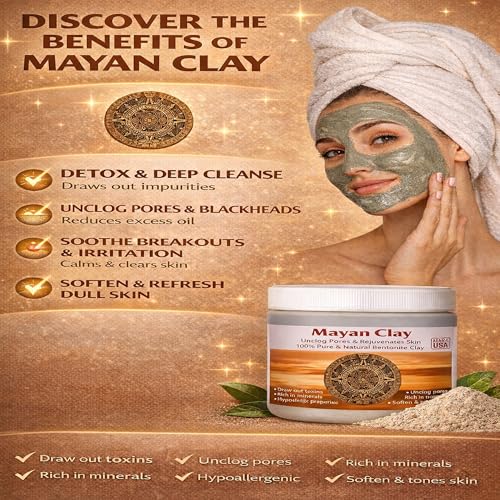 Mayan Pure Indian Healing Clay Powder, Deep Pore Skin Cleansing, Body and Hair Mask, Natural Calcium Bentonite Clay