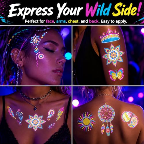 180 PCS UV Glow in the Dark Temporary Tattoos for Rave