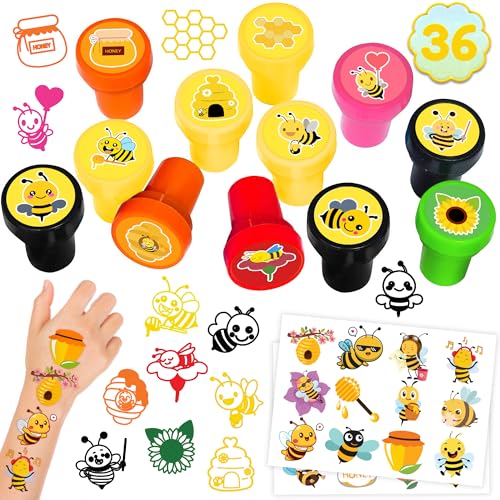 36PCS Bee Party Favors - 24PCS Temporary Tattoos & 12PCS Stamps - Ideal Honey Bee Themed Birthday Card Decorations Supplies Goodie Bag Cute Rewards for Boys Girls Classroom Gifts Baby Shower Prizes