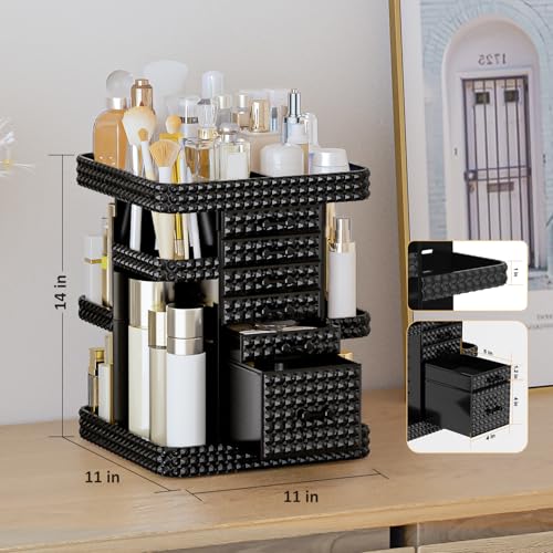360 Rotating Makeup Organizer for Vanity, Large Skin Care Organizer with 6 Drawers Clear Acrylic Cosmetic Organizer Adjustable Spinning Makeup Storage Perfume Organizer for Dresser (Black)