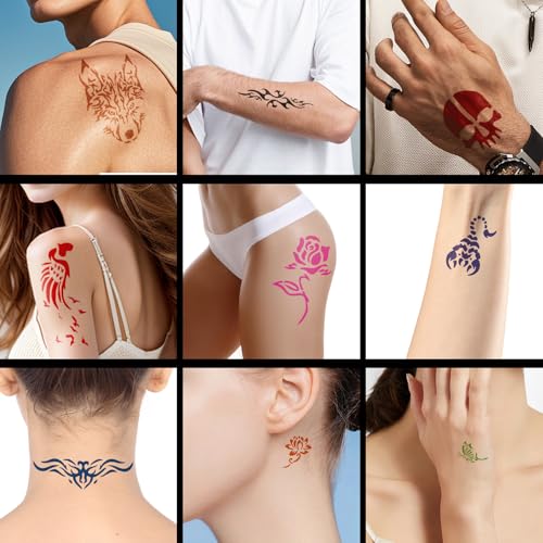 Temporary Tattoo Kit - 12 Colors Ink & 111 Stencils