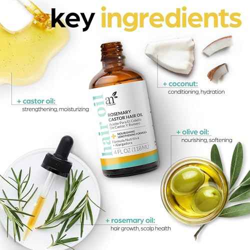 ArtNaturals Organic Rosemary & Castor Hair Growth Oil + Scalp Massager Set ? Hair Relaxer for Dry, Itchy Scalp, Thickening & Hydration - Scalp Oil Products For Damaged Hair & Split Ends ? 4.0 oz