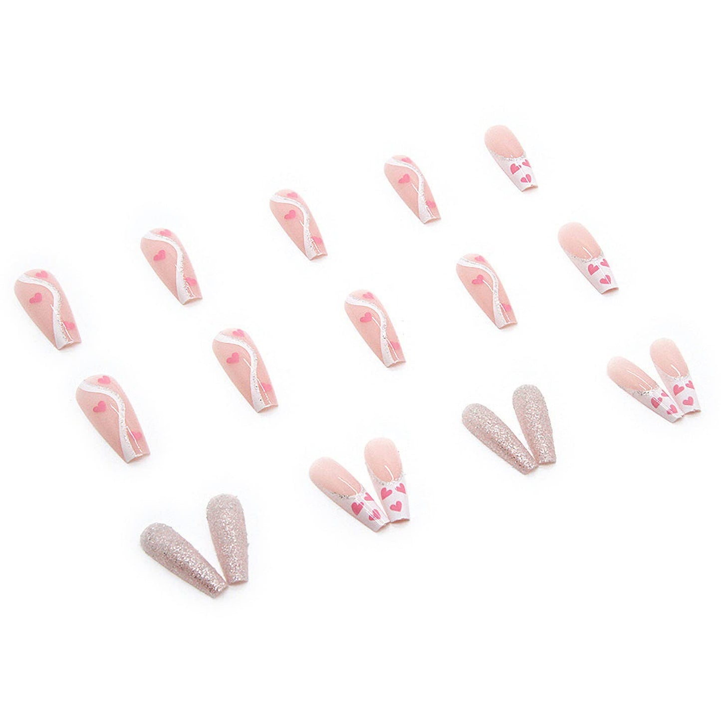 24 Pcs Valentines Press on Nails Long Heart Fake Nails Glossy Glue on Nails with Designs Full Cover Acrylic Press on False Nails for Women and Girls Nail Art Decorations