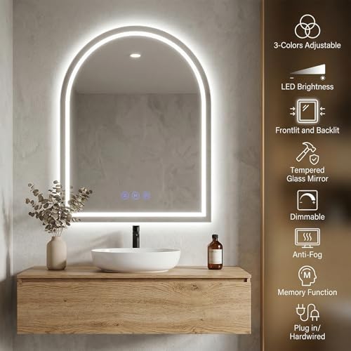 Antok 24x36 Inch Arched Wall-Mounted LED Bathroom Vanity Mirror with Lights, Dimmable & Anti-Fog, White Variation